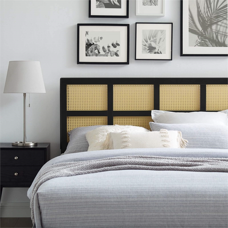 Maklaine Contemporary Cane Rattan and Rubberwood King Headboard in Black