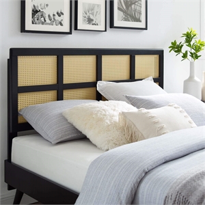 Maklaine Contemporary Cane Rattan and Rubberwood King Headboard in Black