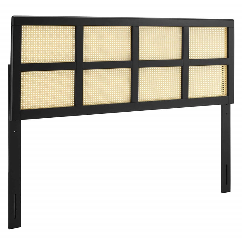 Maklaine Contemporary Cane Rattan and Rubberwood King Headboard in Black