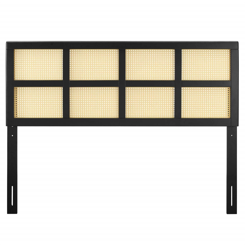 Maklaine Contemporary Cane Rattan and Rubberwood King Headboard in Black