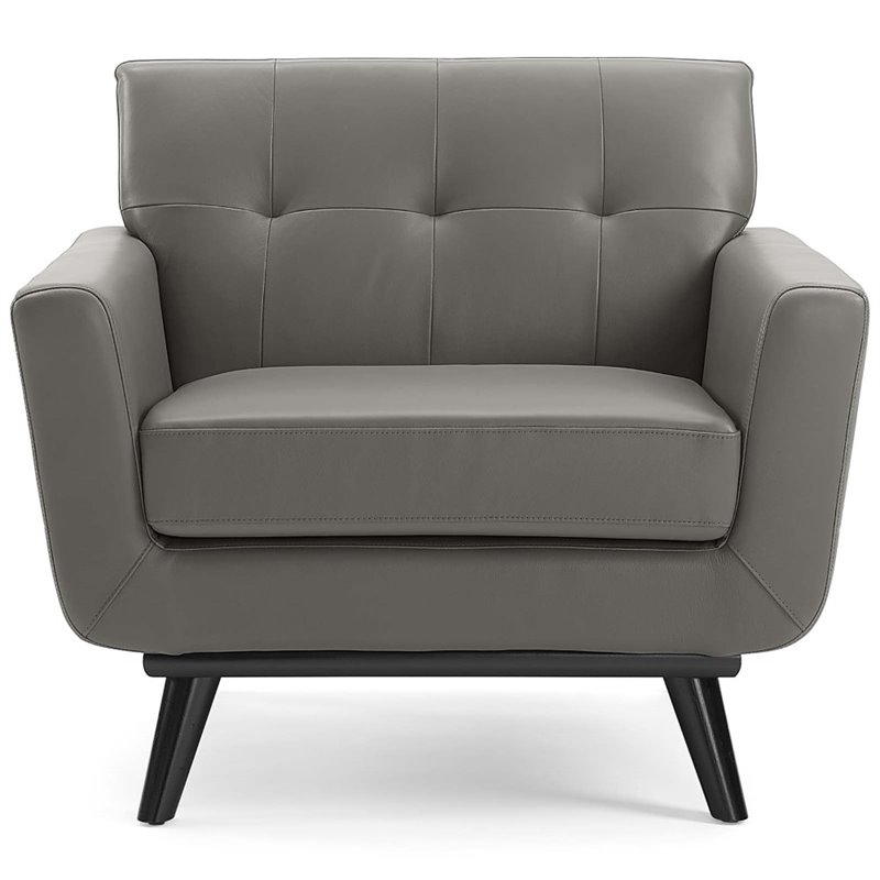 Maklaine Top-Grain Leather Living Room Accent Armchair in Gray