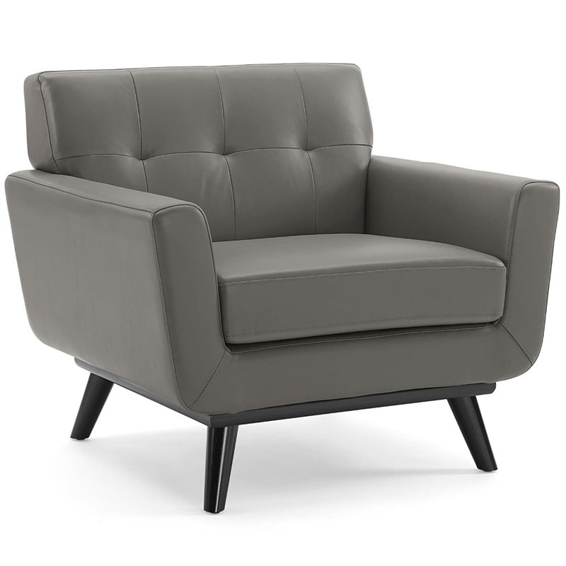 Maklaine Top-Grain Leather Living Room Accent Armchair in Gray
