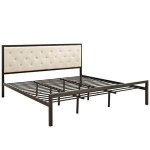 Maklaine King Powder-coated Steel and Fabric Bed in Brown/Beige