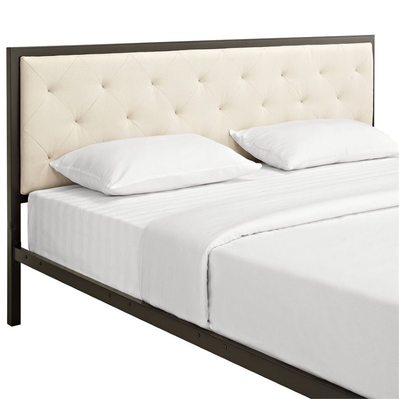 Maklaine King Powder-coated Steel and Fabric Bed in Brown/Beige