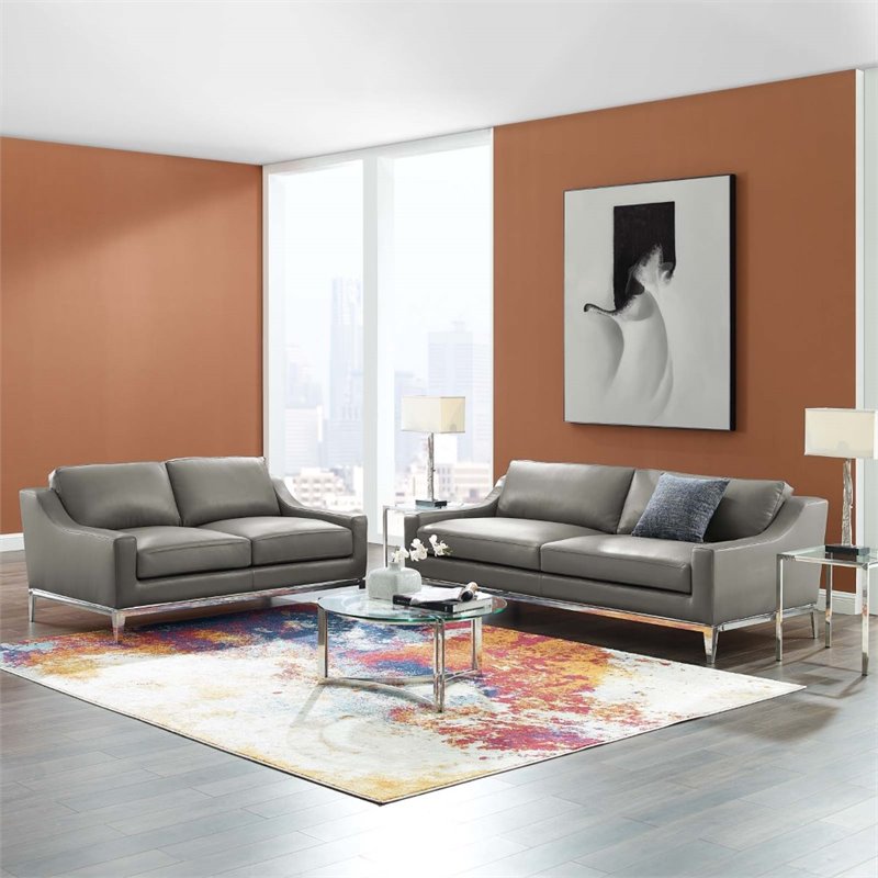Maklaine Stainless Steel & Leather Sofa and Loveseat Set in Gray