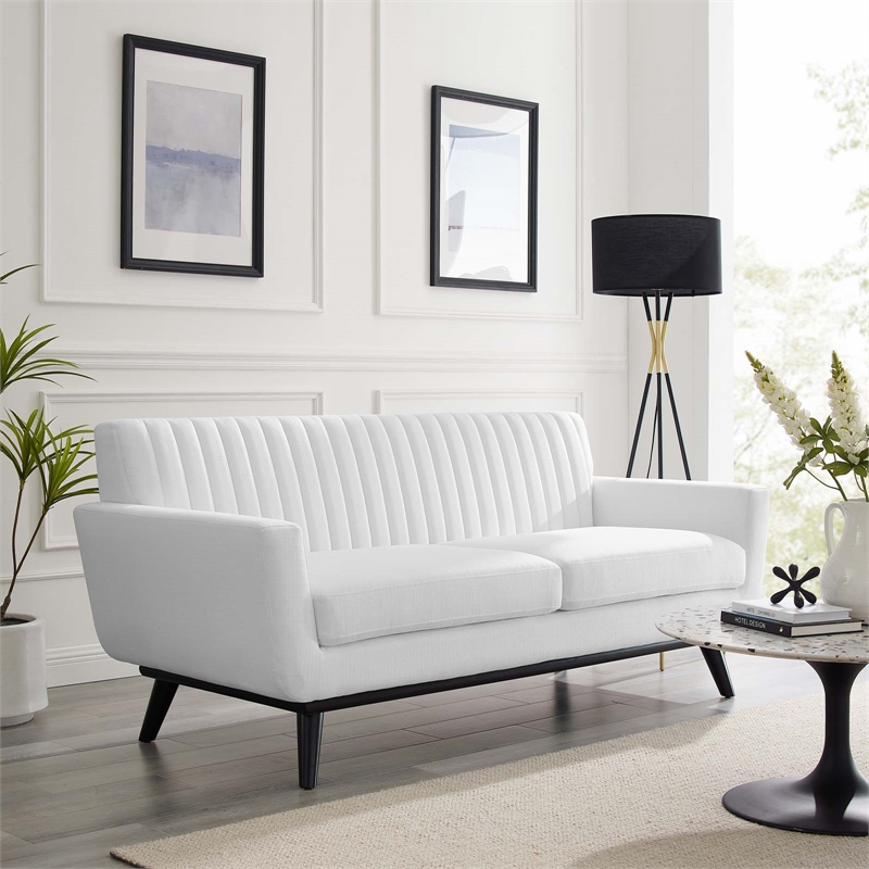 Maklaine Modern Channel Tufted Polyester Fabric Loveseat in White