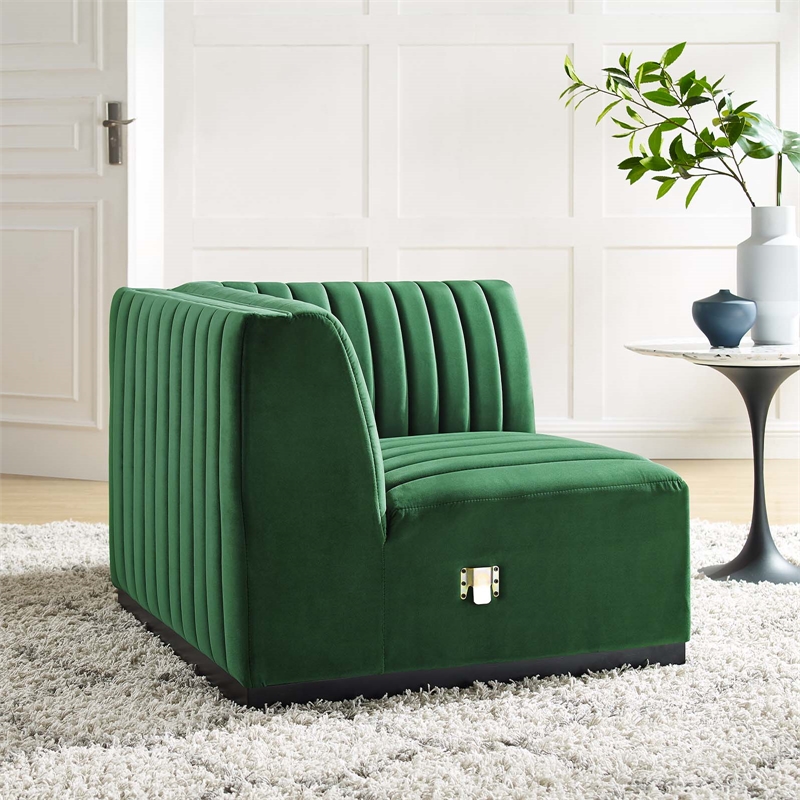Maklaine Modern Channel Tufted Velvet Right Corner Chair in Green