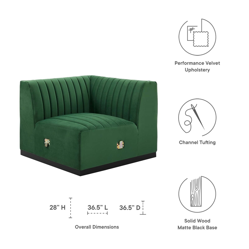 Maklaine Modern Channel Tufted Velvet Right Corner Chair in Green