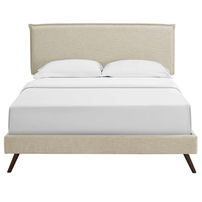 Maklaine Polyester Fabric Queen Platform Bed w/Round Splayed Legs in Beige