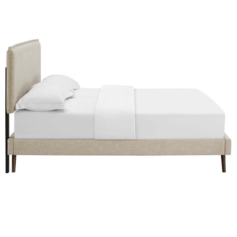 Maklaine Polyester Fabric Queen Platform Bed w/Round Splayed Legs in Beige
