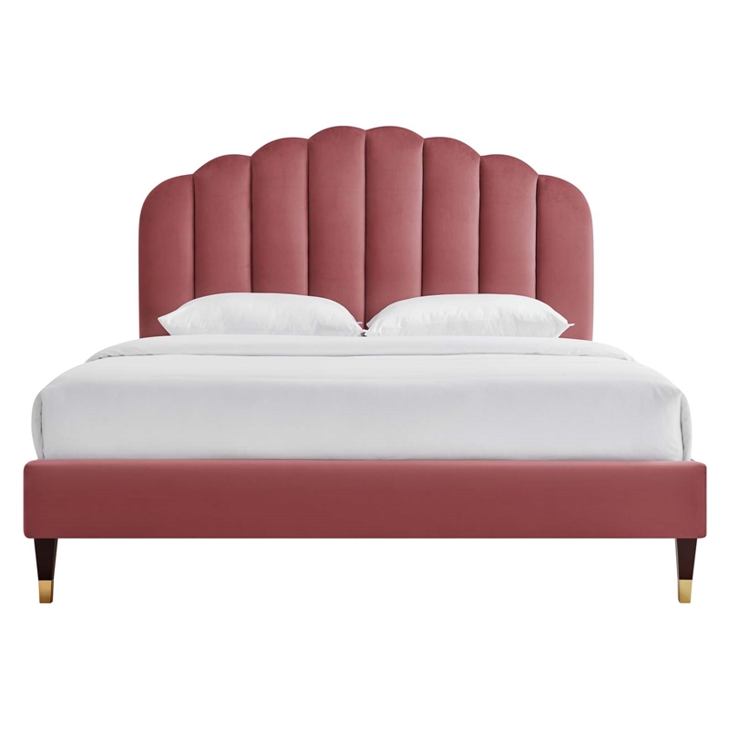 Maklaine Modern Performance Velvet Queen Platform Bed in Dusty Rose