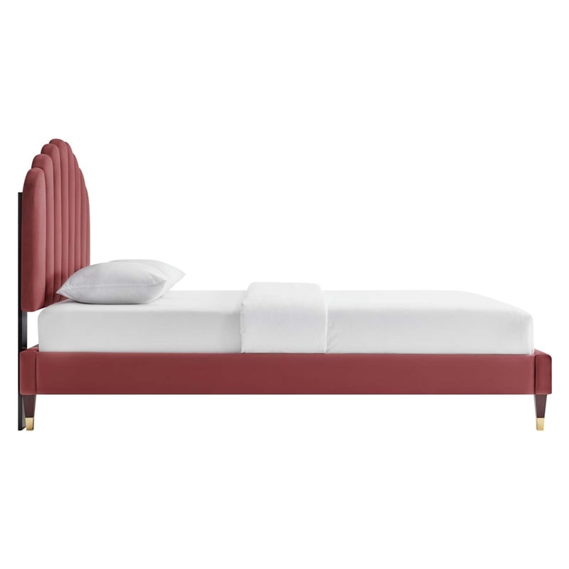 Maklaine Modern Performance Velvet Queen Platform Bed in Dusty Rose