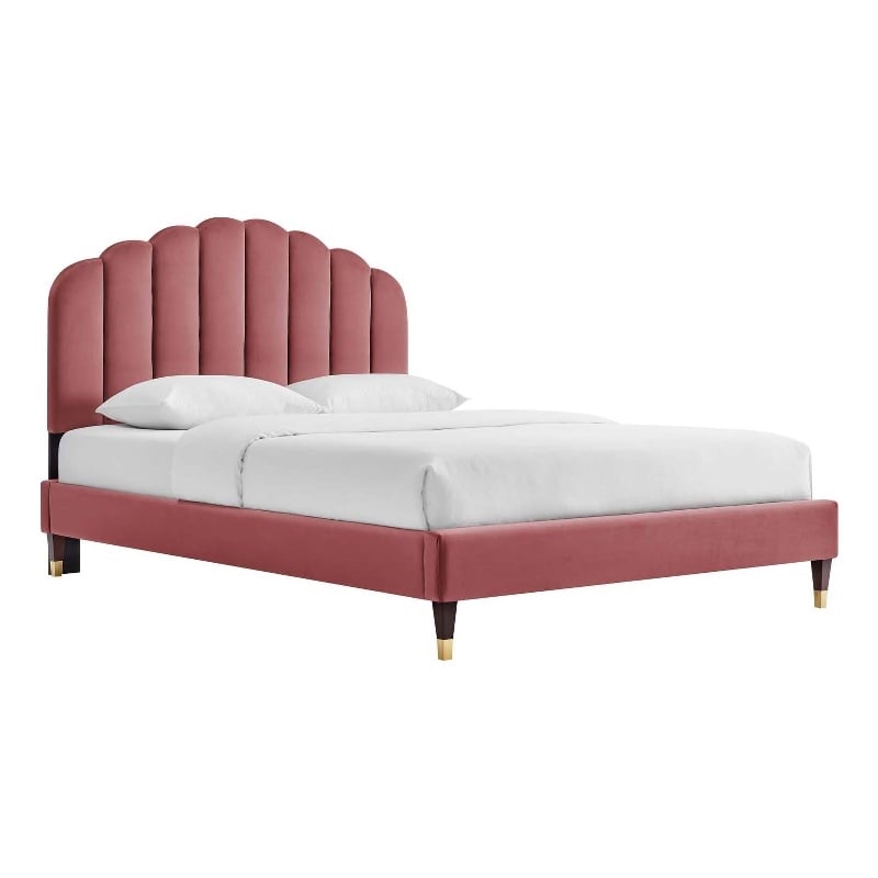 Maklaine Modern Performance Velvet Queen Platform Bed in Dusty Rose