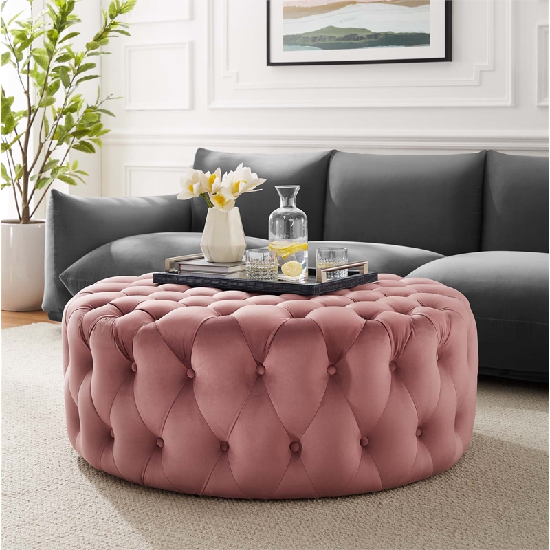 Maklaine Modern Button Tufted Round Velvet Ottoman in Dusty Rose Pink