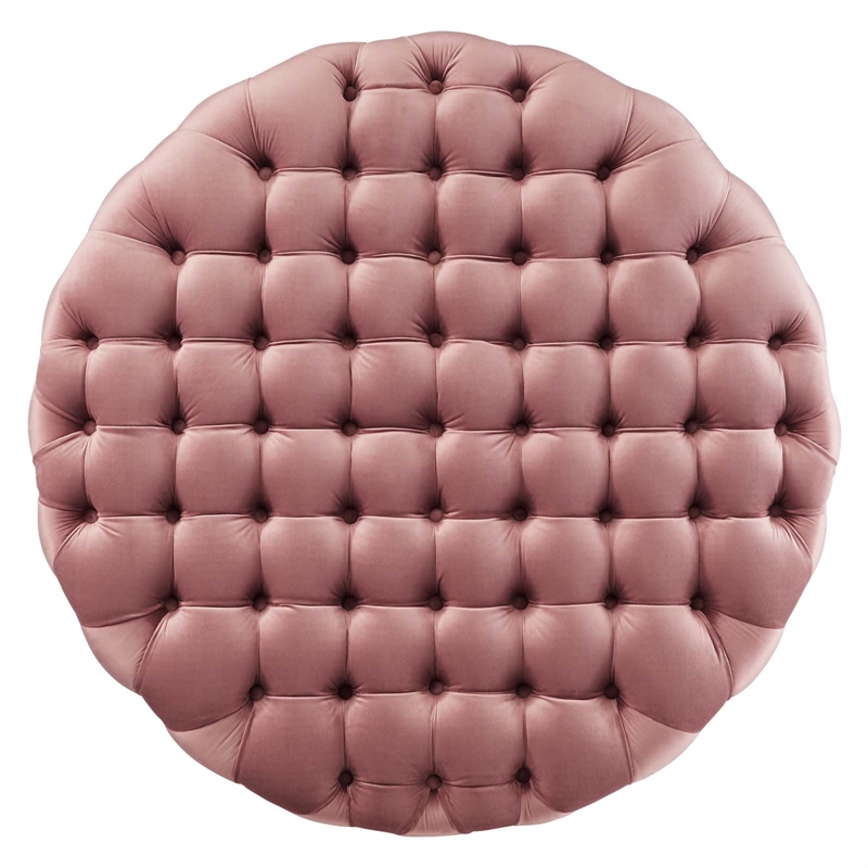 Maklaine Modern Button Tufted Round Velvet Ottoman in Dusty Rose Pink