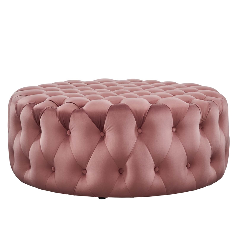 Maklaine Modern Button Tufted Round Velvet Ottoman in Dusty Rose Pink