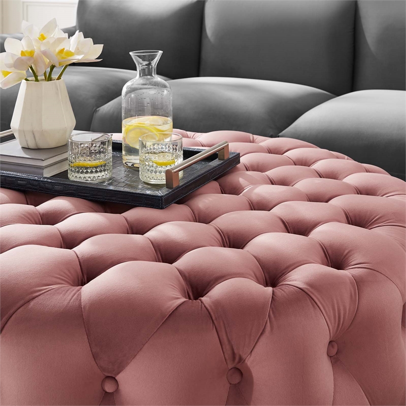 Maklaine Modern Button Tufted Round Velvet Ottoman in Dusty Rose Pink