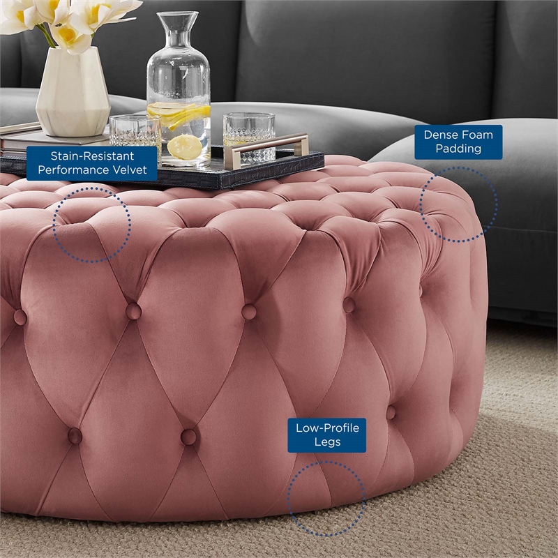 Maklaine Modern Button Tufted Round Velvet Ottoman in Dusty Rose Pink
