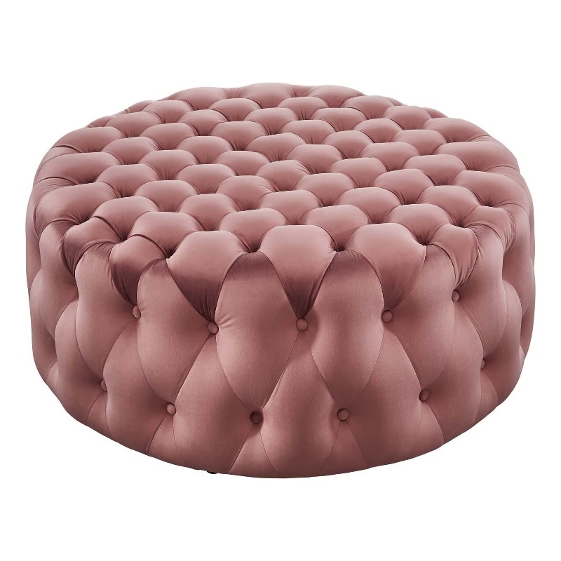 Maklaine Modern Button Tufted Round Velvet Ottoman in Dusty Rose Pink