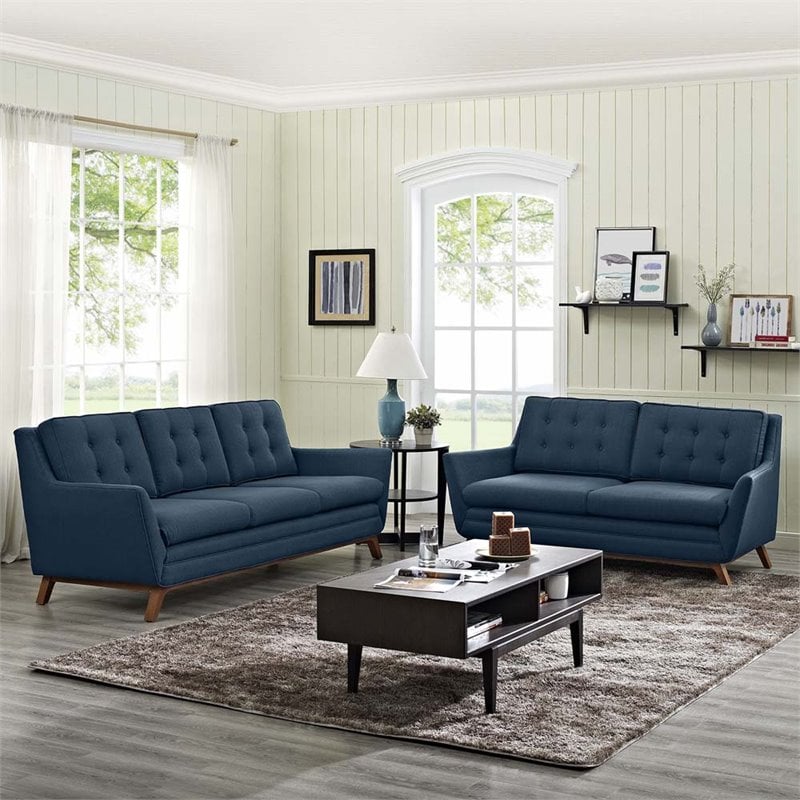 Maklaine Upholstered Fabric and Wood Living Room Set in Azure (Set of 2)