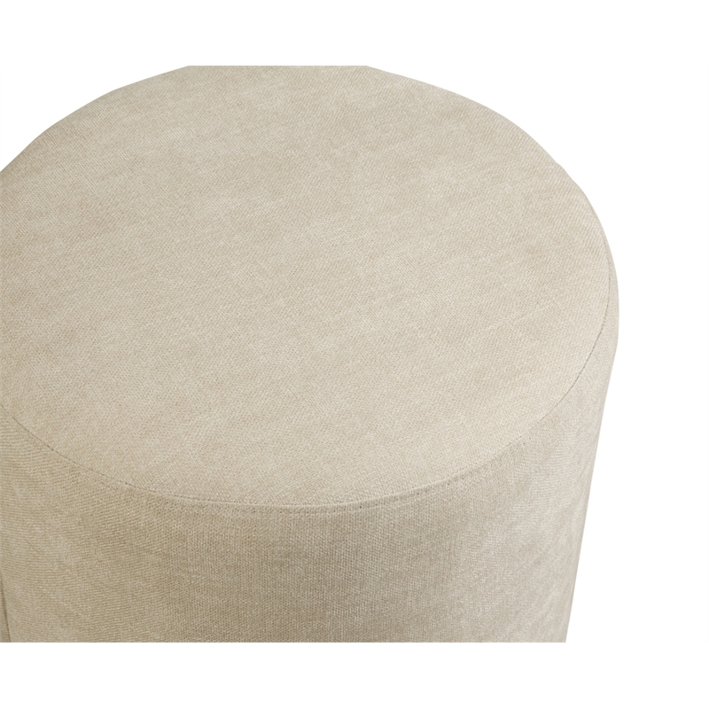 Maklaine Contemporary Wood and Fabric Round Ottoman in Cream