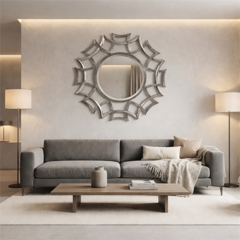 Maklaine Contemporary Modern Polyurethane Wall Mirror in Silver