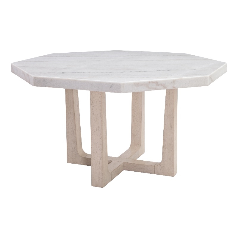 Maklaine Contemporary Wood Dining Table with Marble Top in White