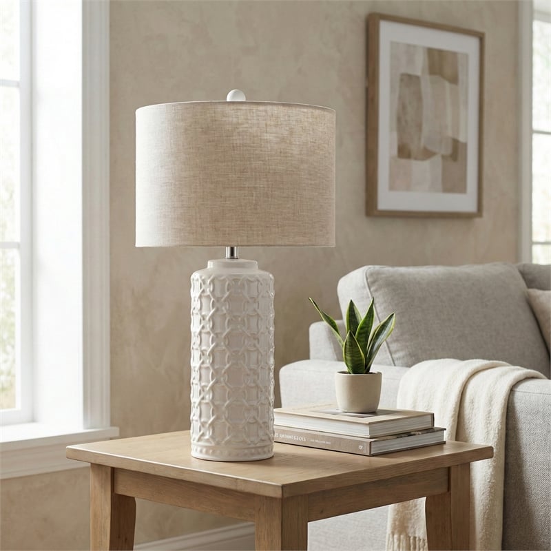 Maklaine Modern / Contemporary Table Lamp in White Finish Ceramic