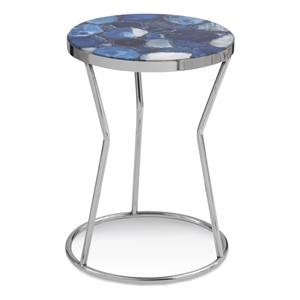 Maklaine Contemporary Metal and Agate Accent Table in Silver and Blue