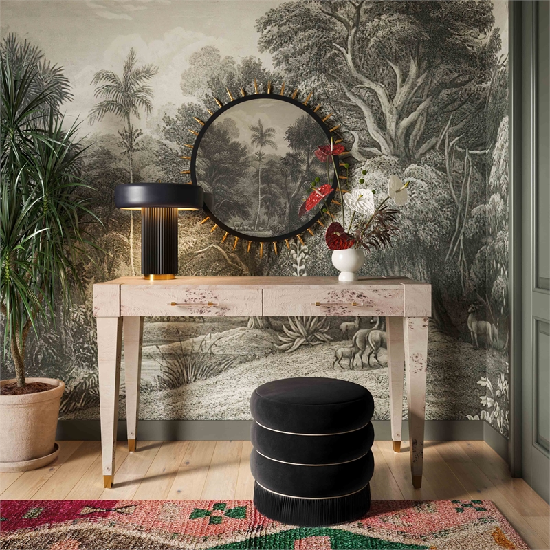 Maklaine Modern Contemporary Velvet Ottoman in Retro Black Finish