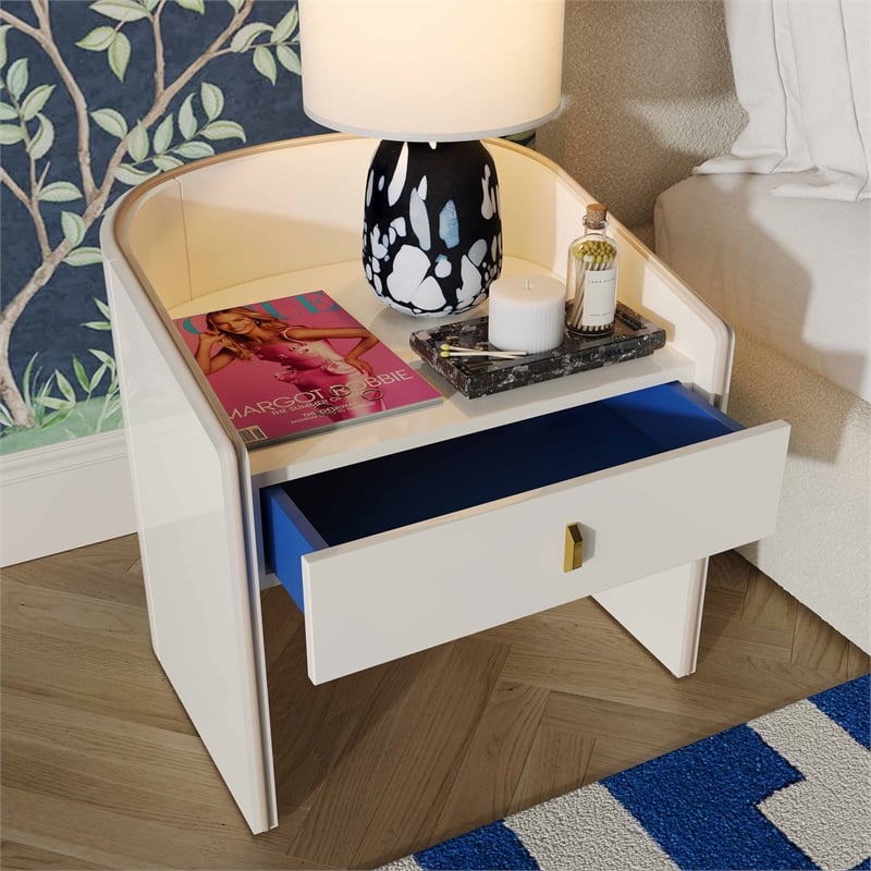 Maklaine 1-Drawer Transitional Wood Nightstand in Cream/Blue