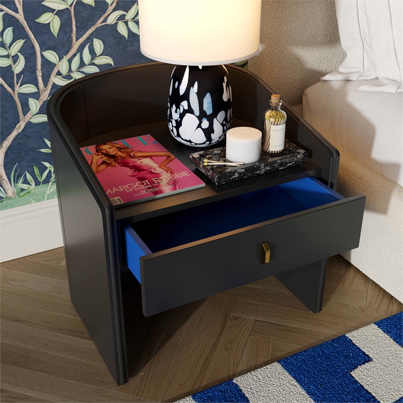 Maklaine 1-Drawer Transitional Wood Nightstand in Black/Blue