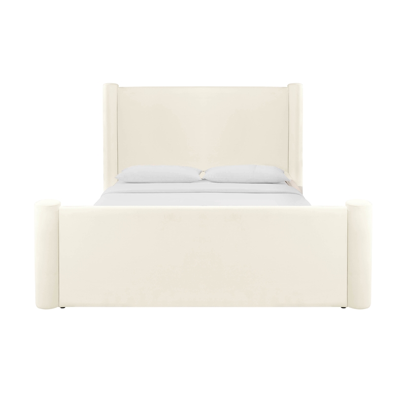 Maklaine Modern Contemporary Velvet Queen Bed in Cream Finish