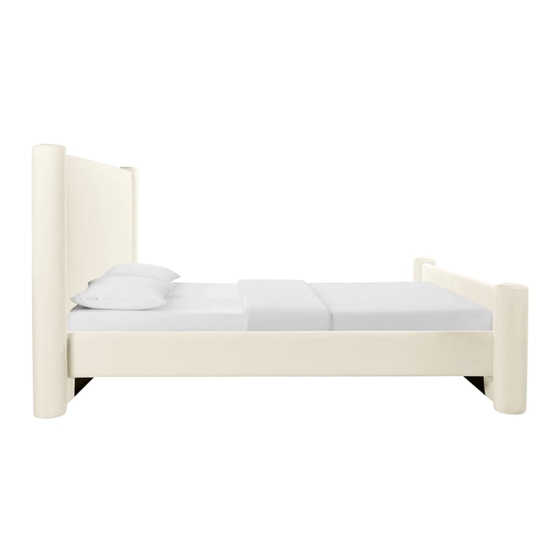 Maklaine Modern Contemporary Velvet Queen Bed in Cream Finish
