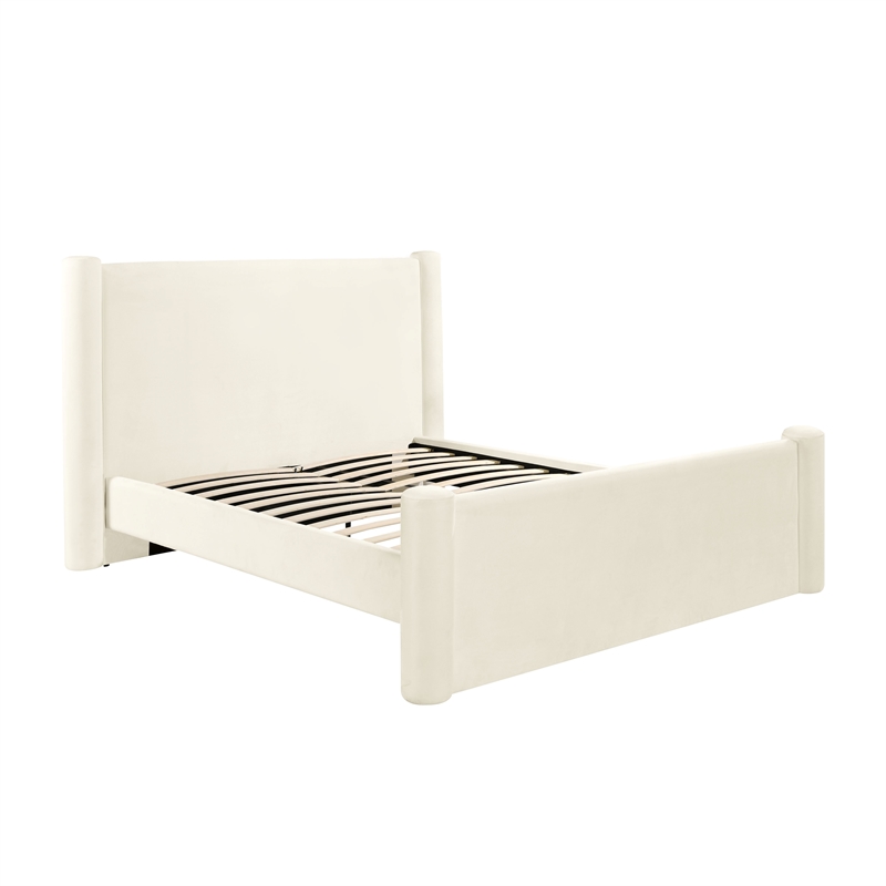 Maklaine Modern Contemporary Velvet Queen Bed in Cream Finish