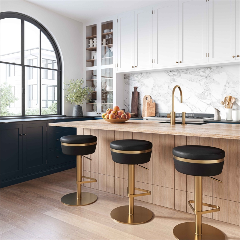 Maklaine Modern Black and Gold Vegan Leather Adjustable Stool