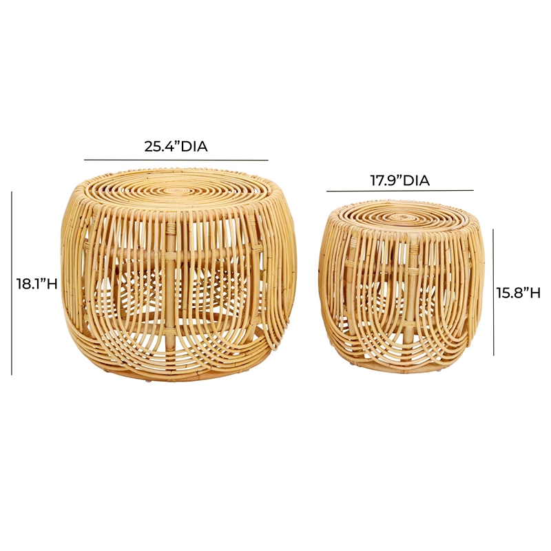 Maklaine Modern Contemporary Natural Rattan Veneer Nesting Tables