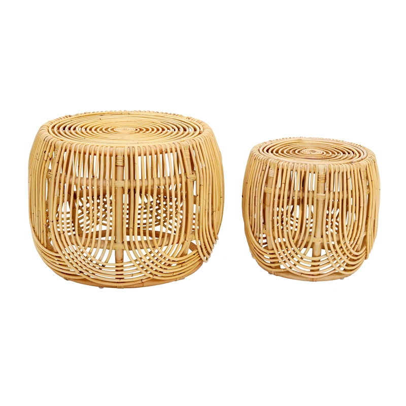 Maklaine Modern Contemporary Natural Rattan Veneer Nesting Tables