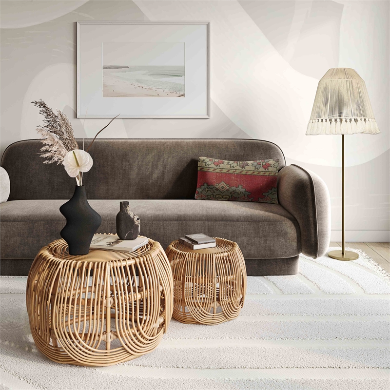 Maklaine Modern Contemporary Natural Rattan Veneer Nesting Tables