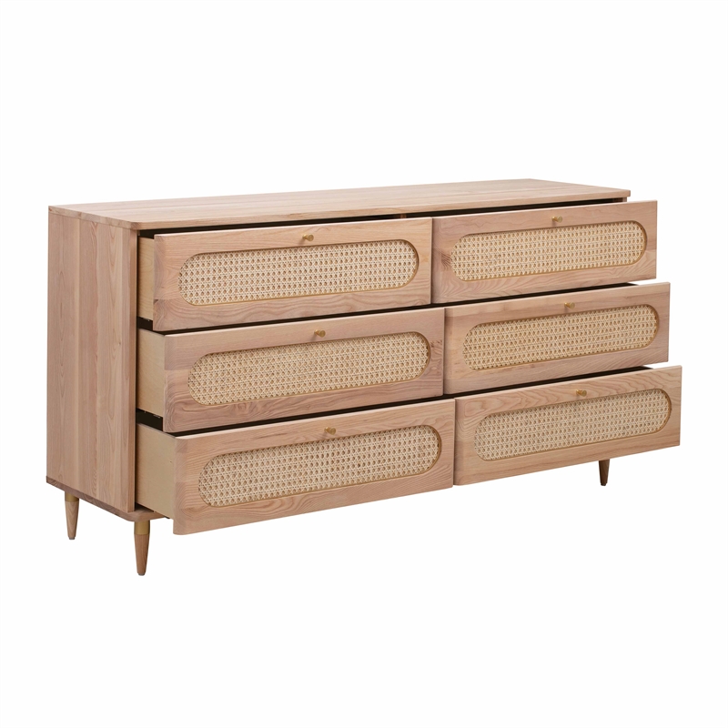 Maklaine Modern Contemporary Cane 6 Drawer Dresser in Brown Finish