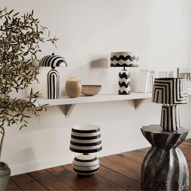 Maklaine Modern Contemporary Black Striped Papier Mache Table Lamp
