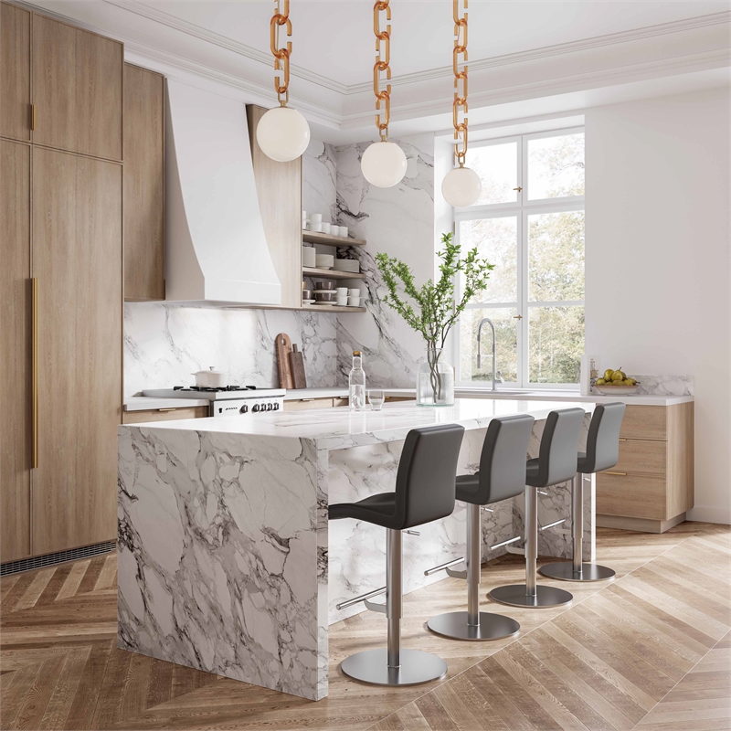 Maklaine Modern Dark Gray Vegan Leather on Silver Adjustable Stool