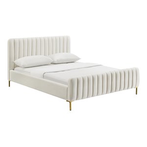 Maklaine 41.7&quotH Transitional Velvet Full Bed w/ Glam Design in Cream
