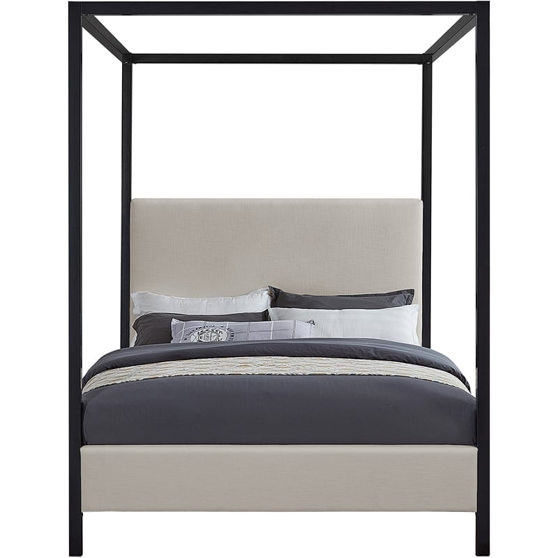 Maklaine Beige Linen Textured Fabric Matte Black Steel Canopy Queen Bed