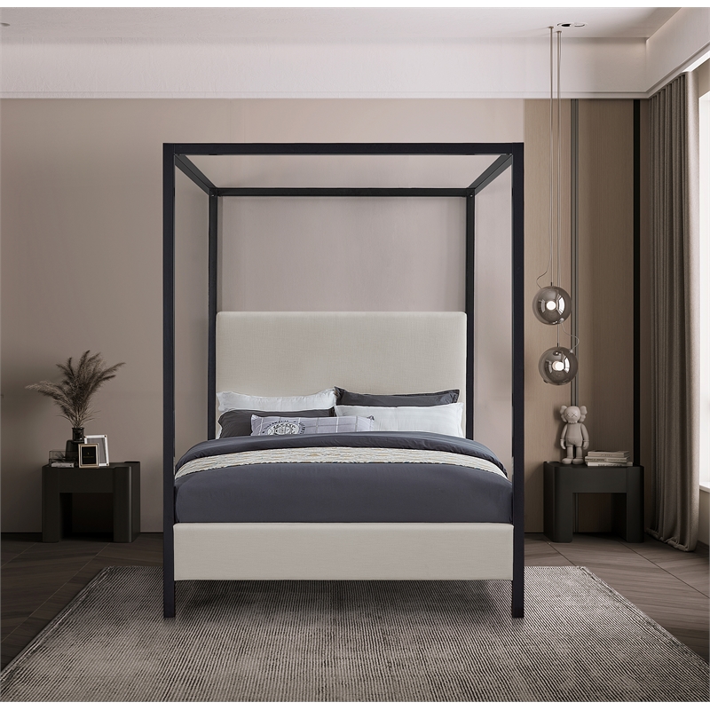 Maklaine Beige Linen Textured Fabric Matte Black Steel Canopy Queen Bed