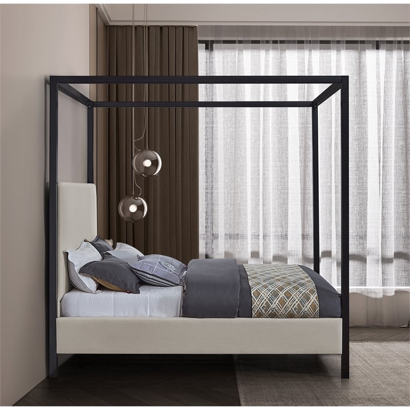 Maklaine Beige Linen Textured Fabric Matte Black Steel Canopy Queen Bed