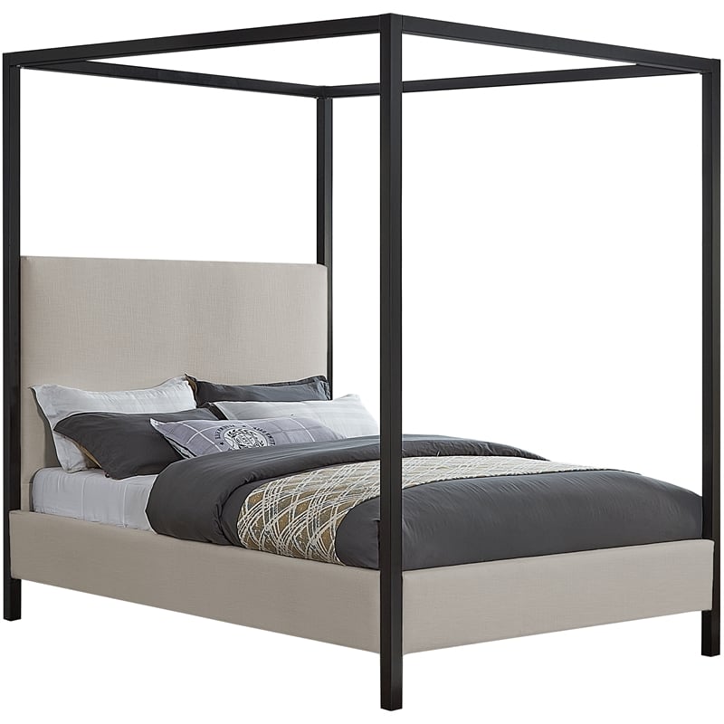 Maklaine Beige Linen Textured Fabric Matte Black Steel Canopy Queen Bed