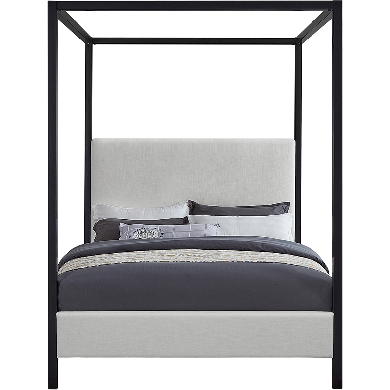 Maklaine Cream Linen Textured Fabric Matte Black Steel Canopy Queen Bed