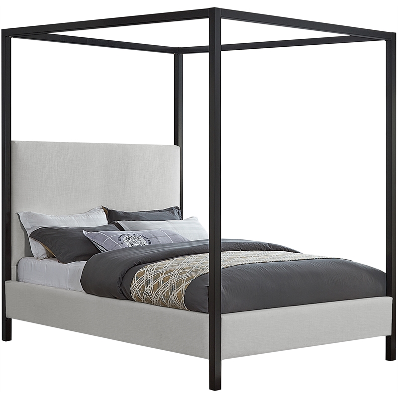 Maklaine Cream Linen Textured Fabric Matte Black Steel Canopy Queen Bed