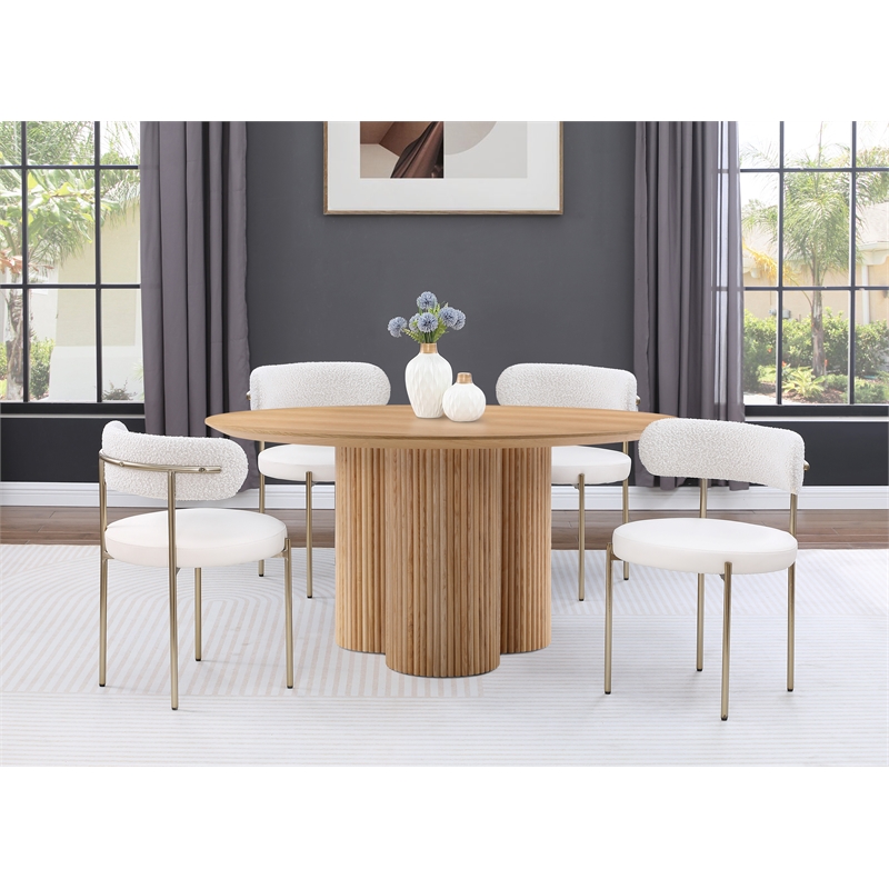 Maklaine Contemporary Natural Oak Veneer Solid Wood Fluted Base Dining Table